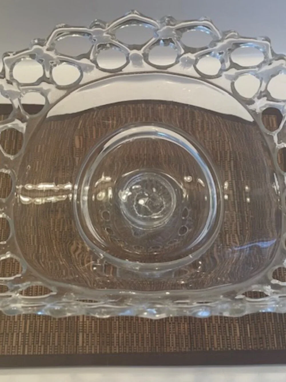 Vintage Clear Glass Pedestal Dish Lace Edge Openwork Rim